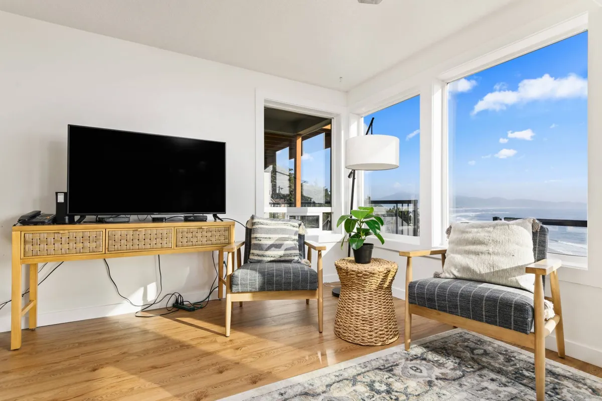 This cozy interior features a television, chairs, lamp, plant, and rug. The overall mood is warm and relaxing, suggesting an inviting area for pets and their owners to unwind after a day of coastal adventures.