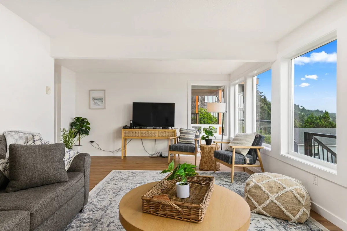 This interior image features a comfortable sofa, a textured area rug, large windows, a television, and indoor plants. The inviting layout showcases a pet-friendly living space with durable furnishings and plenty of open floor area, ideal for pets to lounge or play.